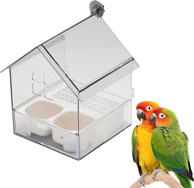Ziveseller/Sowhathow Pull-Out External Parrot Feeder, Parrot Feeder Parakeet House Bird Bath Transparent Dish Water, Hanging Wild Bird Seed with Squirrel Proof Tray (White)