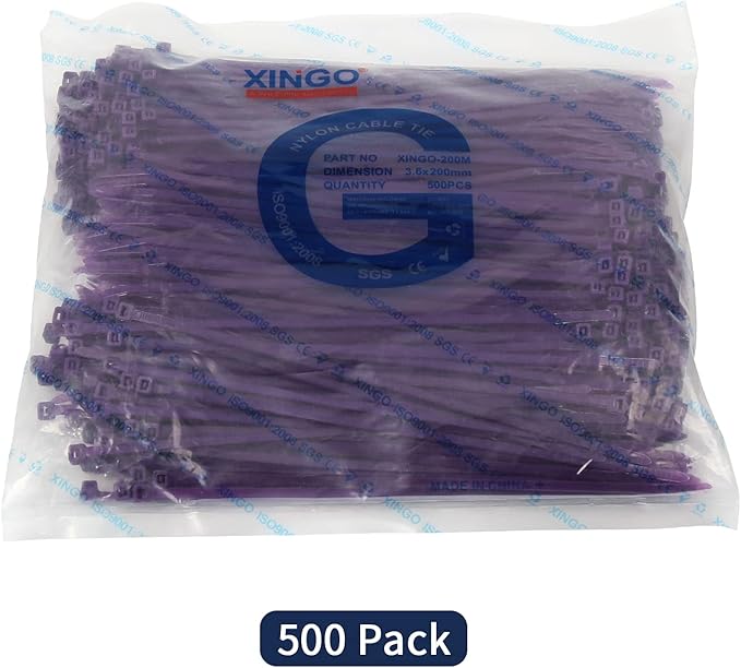XINGO 8 Inch Purple Cable Zip Ties (500 Pack), 40 Lbs Tensile Strength-Heavy Duty, Self-Locking Nylon Plastic Nylon Wire Ties for indoor and outdoor use