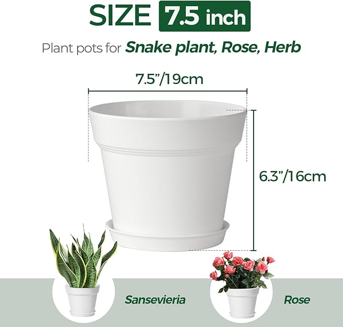T4U 7.5 Inch Plant Pots 6 Pcs, Flower Pots for Plants, Plastic Planter Pots for Indoor Plants with Drainage Holes and Saucer (6 Pcs, 7.5", White)