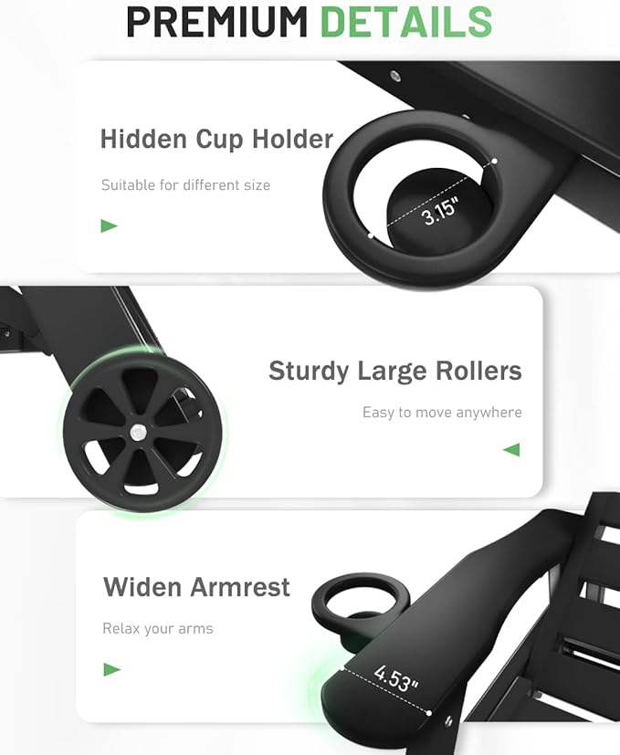 Lounge Chair Outdoor Set of 2, HDPE Chaise Lounge Outdoor with 6-Position & Wheels &Cup Holder, Pool Lounge Chair for Pool Poolside Deck Backyard Patio, Black