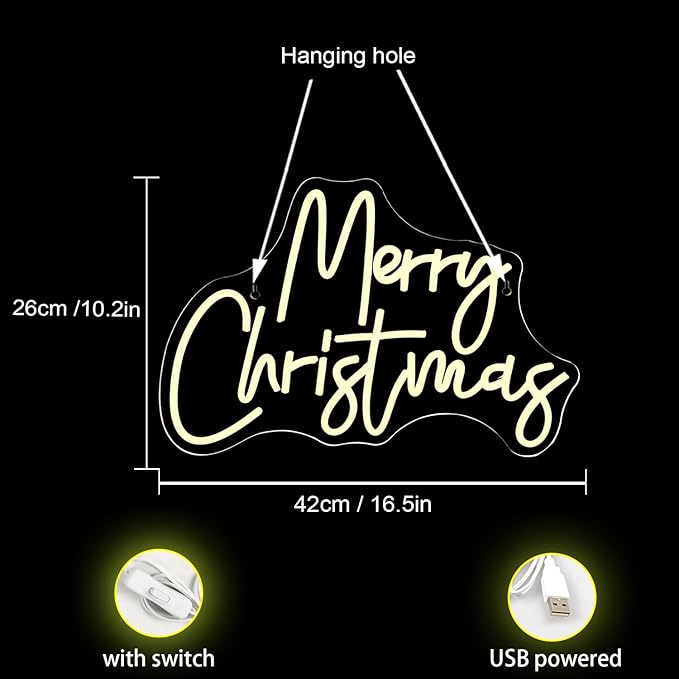 WLHOPE Merry Christmas Neon Sign,Warm White Christmas Neon Signs for Wall Decor,Dimmable Merry Christmas Led Signs for Christmas Party Backdrop Bedroom Window Bar Club Shop,Christmas Gift Decoration