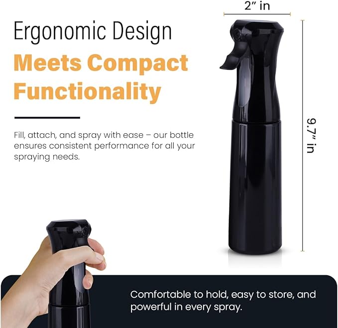 VIGOR PATH Continuous Spray Bottle with Ultra Fine Mist - Versatile Water Sprayer for Hair, Home Cleaning, Salons, Plants, Aromatherapy, and More - Empty Hair Spray Bottle - 300ml/10.1oz (Black)
