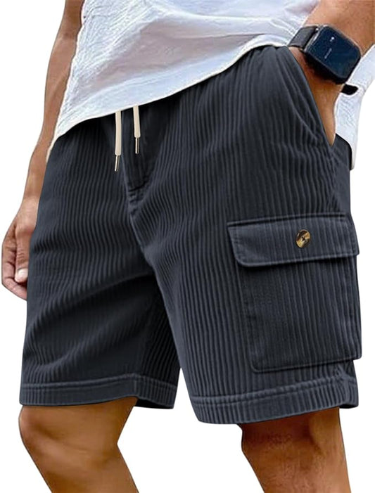 Mens Cargo Shorts Casual Drawstring Elastic Waist Corduroy Summer Beach Shorts with Pockets