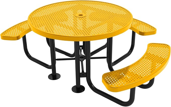 Heavy-Duty Portable Outdoor Picnic Table with Umbrella Hole, Punched Steel Patio Dining Furniture Made in America (46" Round Top, Yellow)