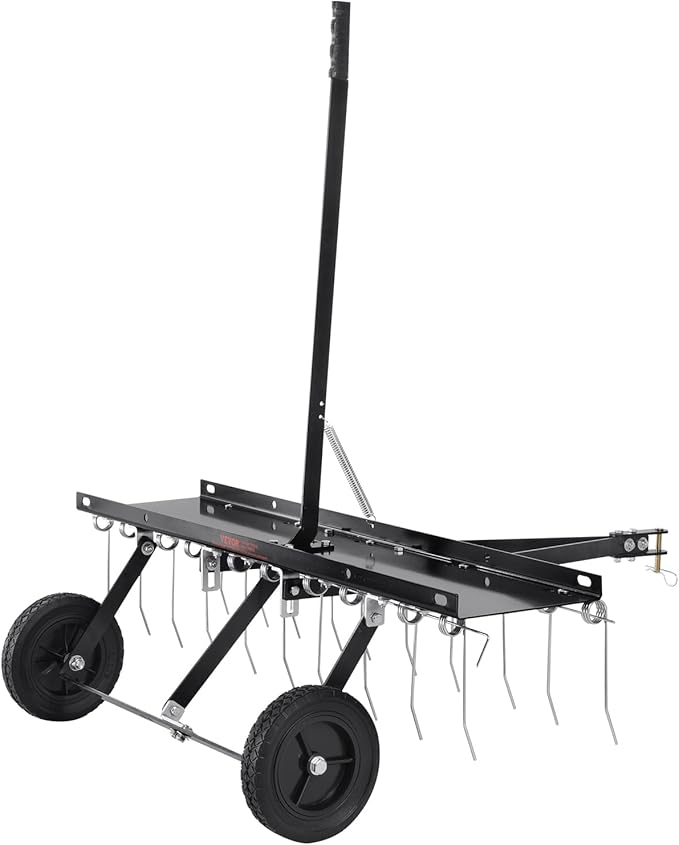 VEVOR Tow Behind Dethatcher, 40-inch Tow Dethatcher with 20 Spring Steel Tines, Lawn Dethatcher Rake for ATV or Mower, Tow Behind Lawn Rake with Lift Handle for Garden Farm Grass