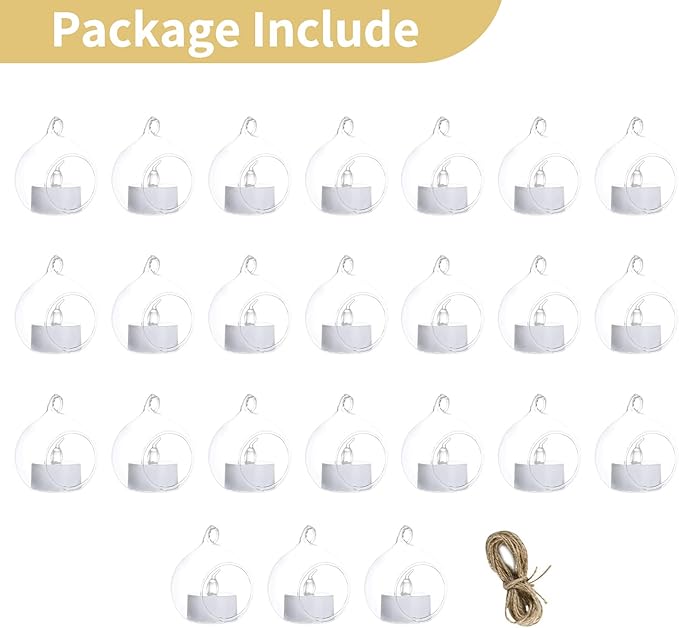 NUPTIO Hanging TeaLight Candle Holder: 24Pcs 2.36in Tree Tea Light Holders with LED Candles Small Glass Globes Ornament Clear Round Mini Terrarium Containers for Wedding Party Tree Decoration