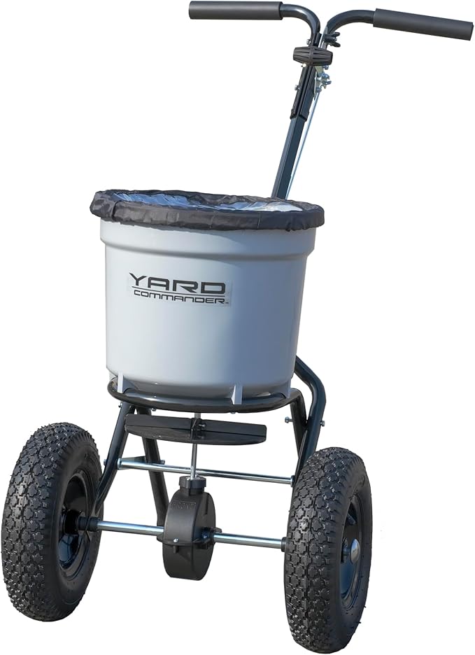 Yard Commander - Commercial 50 LB Walk-Behind Push Broadcast Spreader - 10-12 Foot Spread - Fertilizer, Salt & Grass Seed - Clog Free Design - Fully Enclosed Gear Box - Adjustable Drop Rate