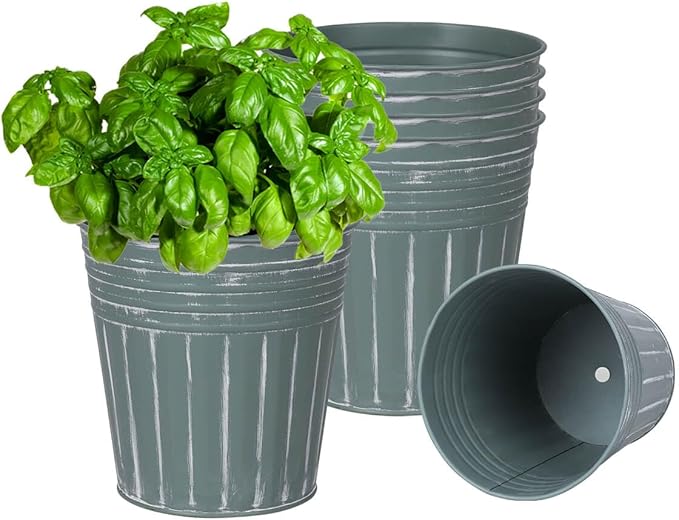 vensovo 6 Inch Grey Green Metal Rustic Flower Pots - 6Pcs Medium Galvanized Planters with Drainage Hole and Rubber Plug, Rustproof Metal Bucket Plant Pots Farmhouse Vintage Style for Decor