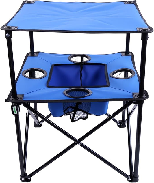 Portable Folding Camping Table with Cup Holders – Lightweight & Compact 2-Tier Outdoor Table with Storage, Ideal for Card Games, Snacks, Picnic, Tailgating & Camping (Blue + Black)