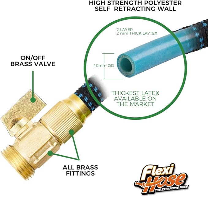 Flexi Hose with 8 Function Nozzle, 100FT - Lightweight Expandable Garden Hose, No-Kink Flexibility, 3/4 Inch Solid Brass Fittings and Double Latex Core