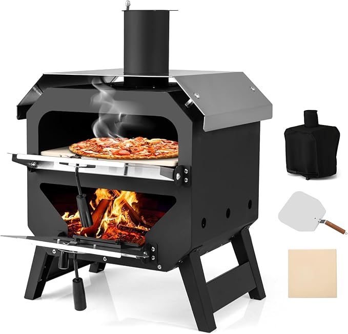 Happygrill Pizza Oven Outdoor, 12” Portable Wood-Fired Pizza Stove with Pizza Stone, Pizza Peel & Oxford Cloth Cover, Multi-Fuel Pizza Maker with Stainless Steel Roof for Patio Backyard Camping BBQ