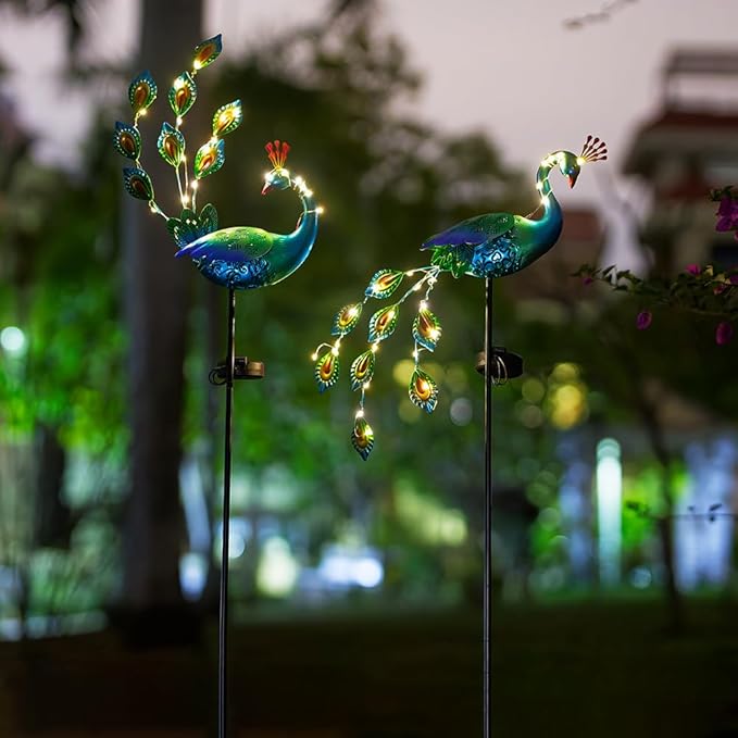VEWOGARDEN 2 Pack Solar Stake Lights Outdoor Waterproof Metal Peacock Solar Lights for Yard Garden Patio Pathway Walkway, Blue