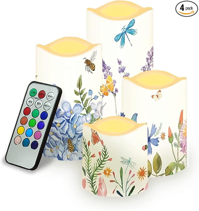 Ystardream Lavender Orchid LED Flameless Candles with Remote and Timer, Battery Operated Flickering for Festival Wedding Home Party Decor 4pcs