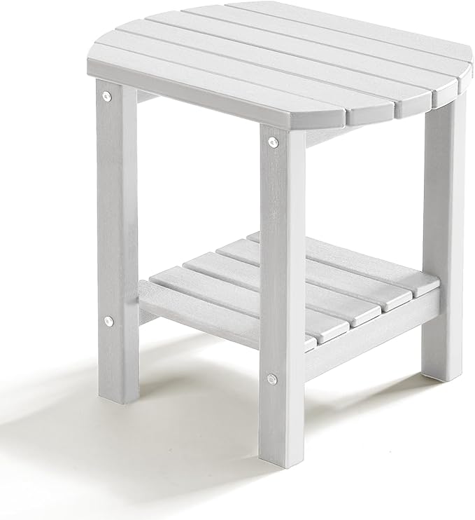PASAMIC Outdoor Side Table, HDPE Adirondack Oval Side Table with 2-Tier Storage, Weather Resistant Outdoor End Table for Patio, Backyard, Pool, Indoor Companion, Beach, Easy Maintenance Table (White)