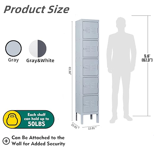 Yizosh Metal Locker with 5 Doors, Tall Steel Storage Lockers for Employees - 5 Tier Locker Storage Cabinets for School, Gym, Home, Office, Garage