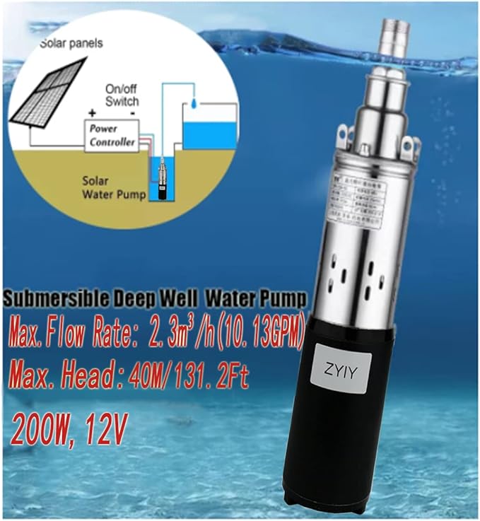 12V Deep Well Submersible Pump 200W DC Solar Power Deep Well Pump 3" Stainless Steel Submersible Well Pump 1"Bore Pump High Lift 131ft Pressure Well Water Pumps for Home,Industrial,Irrigation Use