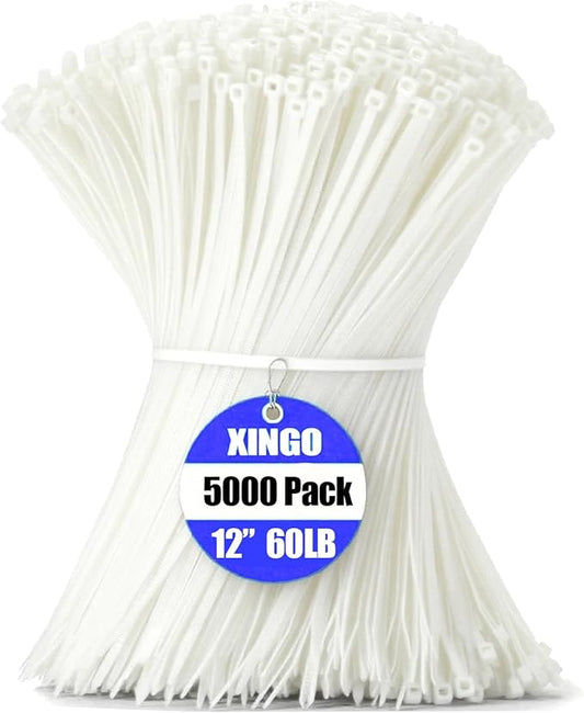 XINGO 5000 PCS White Zip Ties 12 Inch, 60 LBS Tensile Strength, Self-Locking Nylon Plastic Nylon PA66 Wire Ties for Indoor and Outdoor Use