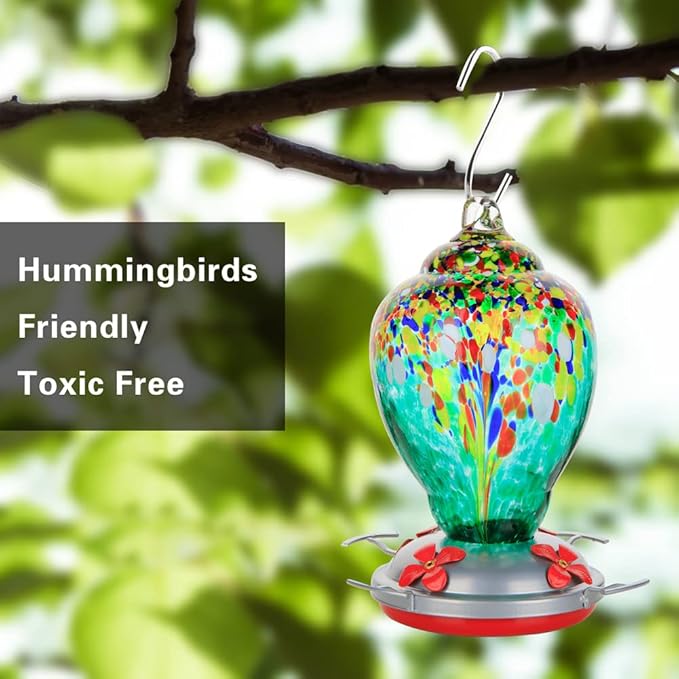 WOSIBO Hummingbird Feeder for Outdoors Patio Large 32 Ounces Colorful Hand Blown Glass Hummingbird Feeder with Ant Moat Hanging Hook, Rope, Brush and Service Card (Green)