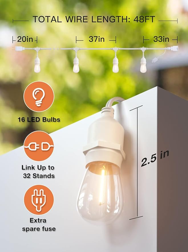 addlon LED Outdoor String Lights 48FT with Dimmable Edison Vintage Shatterproof Bulbs and Commercial Grade Weatherproof Strand - ETL Listed Heavy-Duty Decorative Cafe, Patio, Market Light White