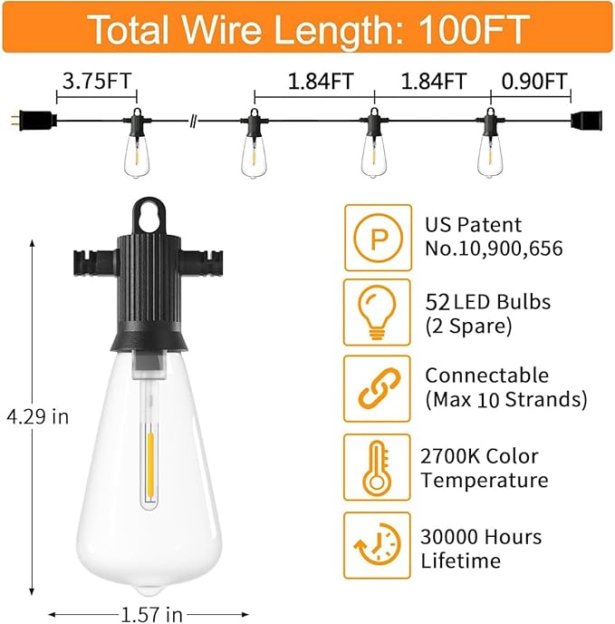 ZOTOYI Outdoor String Lights 100 FT, Waterproof IP65 LED Patio Lights with 52 ST38 Shatterproof Bulbs(2 Spare), Dimmable String Lights for Outside, Cafe, Bistro, Backyard, Garden Warm White