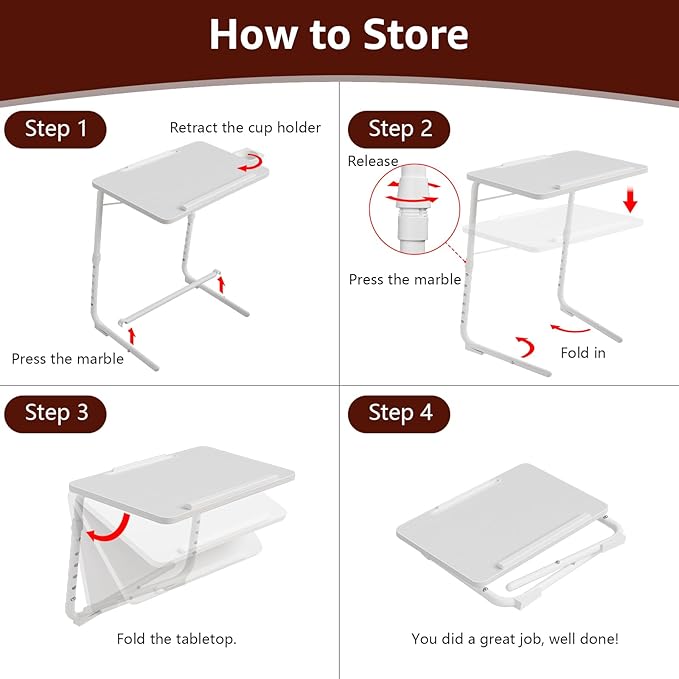 TV Trays Set of 2 - Folding TV Tray Adjustable Dinner Trays for Eating On Couch Wooden Tables Mate Stand Foldable White Desk with Cup Holder Portable