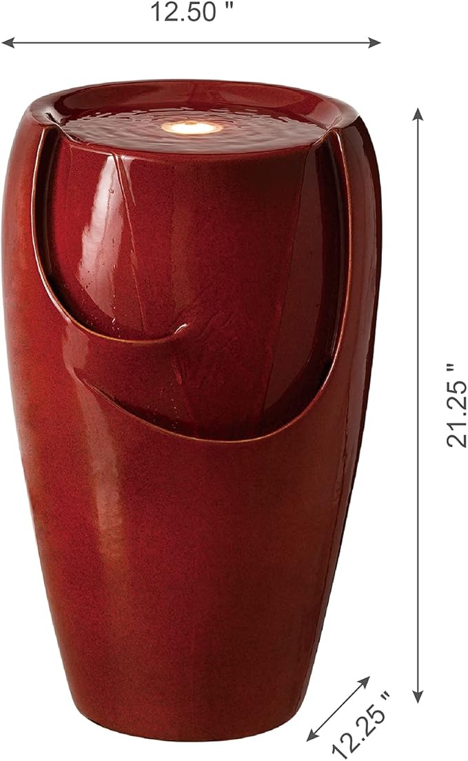 Glitzhome 21.25" H Ceramic Vase Outdoor Water Fountain Tall Patio Garden Water Fountain with LED Light and Submersible Pump Yard Art Decor, Red