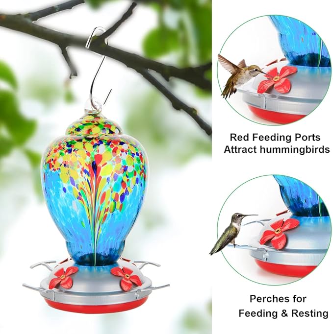 WOSIBO Hummingbird Feeder for Outdoors Patio Large 32 Ounces Colorful Hand Blown Glass Hummingbird Feeder with Ant Moat Hanging Hook, Rope, Brush and Service Card (Blue-White)
