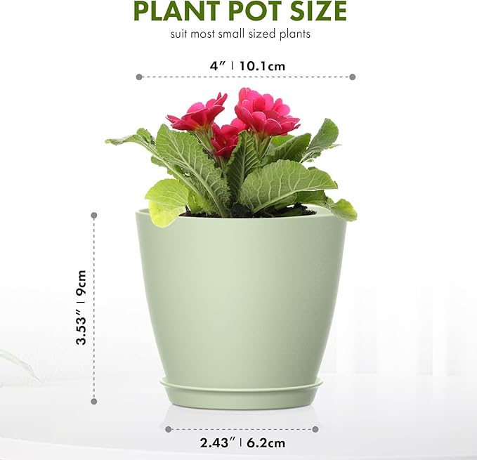 16 Pack 4 Inch Plant Pots with Drainage Holes and Saucers, Pots for Plant Indoor, Plastic Planters for Succulents and Small Plants, Green