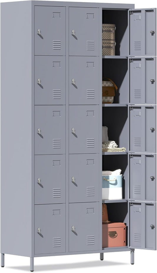 Metal Lockers for Employees, Storage Employee Locker, 72" Storage Lockers with Shelves Steel Cabinet for Home (Gray, 15 Door)