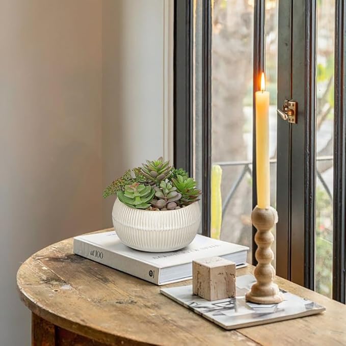 DILATATA Artificial Succulent Plants in Pot 5.5 Inch Fake Succulents Arrangement Potted Plant in White Ceramic Planter Bowl for Home Office Desk Shelf Living Room Bedroom Bathroom Decor