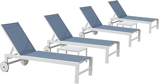 PURPLE LEAF Outdoor Chaise Lounge Set of 4 White Aluminum Lounge Chair Outdoor with Wheels Five-Position Adjustable Patio Lounge Chair for Pool Deck Yard, Indigo