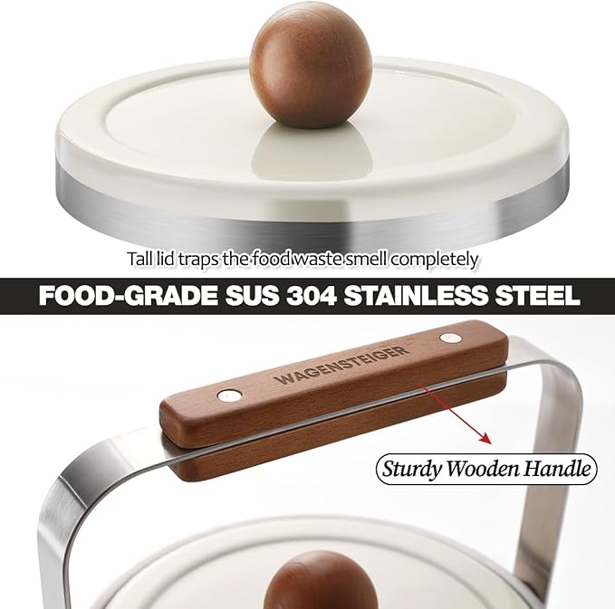 Kitchen Countertop Compost Bin 101ounces / 3Liters, Airtight Lid SUS304 Stainless Steel Odor-Free Food Waste Bin with Wooden Handle Stylish Design Bathroom Trash Can (Off-White)