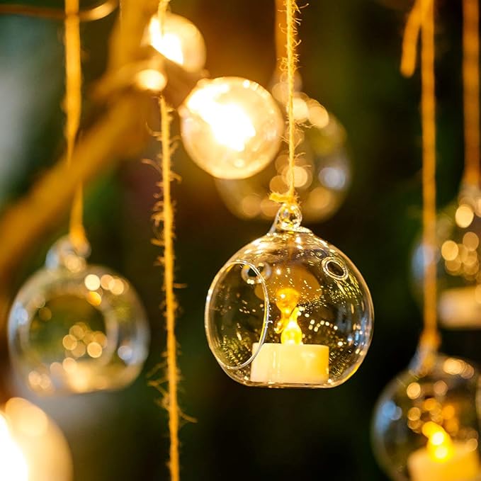 Nuptio 8 Pcs 3.15"/ 8cm Hanging Glass Tealight Holder Globe Plant Terrariums Glass Orbs Air Plants Tea Light Candle Holders Home Decor Indoor Outdoor Garden (with 2 Holes, 6 Pcs + 2 Pcs)