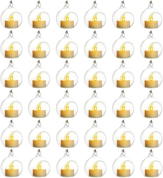 Sziqiqi Hanging Glass Globes Orbs Tea Light Candle Holders with Flameless LED Tealight for Wedding Ornaments, Wedding Birthday Christmas Party Centerpiece Accessory 2.36inch 30pcs +6 Extra