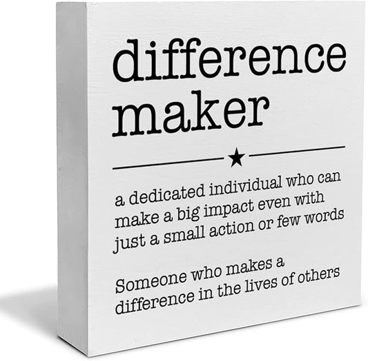 PIXCEOS Difference Maker Definition Decorative Wooden Box Sign Thank You Appreciation Gift for Teacher Boss Leader Coworker Wood Block Plaque Desk Decor Office Shelf or Wall Display