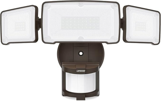 LEPOWER LED Security Light Motion Sensor Light Outdoor, 38W 4200LM Motion Security Light, 5500K, IP65 Waterproof, 3 Head Motion Detected Flood Light for Garage, Yard, Porch (Not Solar Powered, Brown)