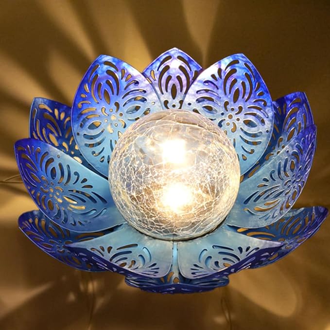 12 inches Solar Lights Outdoor Garden, Crackle Globe Glass Lotus Decoration, Waterproof LED Metal Flower Lights for Patio,Lawn,Walkway,Tabletop,Ground Gardening Gifts (Blue Hollow)
