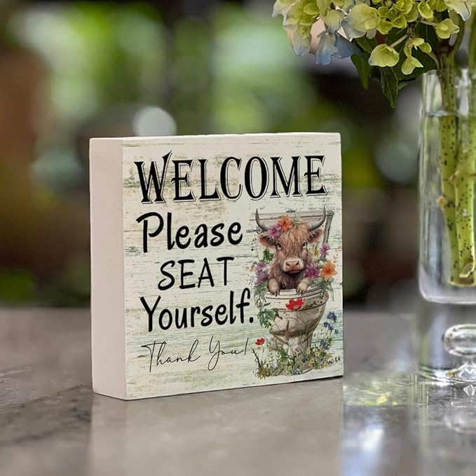 Funny Highland Cow Please Seat Yourself Bathroom Home Décor Sign Farmhouse Bathroom Signs Decor Rustic Wood Plaque Decor for Home Restroom Shelf