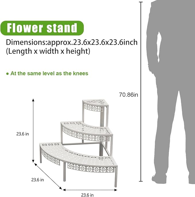 3 Tier Plant Stand Semi-Circular Flower Pot Organizer Rack Quarter Round Plant Display Holder Outdoor Storage Shelves Metal Corner Shelf Planter Shelving Ladder Plant Stand for Indoor Use(White)