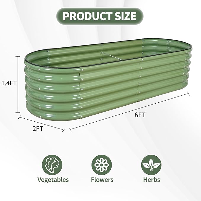1MORE Galvanized Raised Garden Bed- Planter Garden Boxes Outdoor, Raised Beds for Gardening, 6x2x1.4ft Metal Garden Bed Kit for Vegetables Flower, Planter Raised Bed with Protective Tape & Tools.Green