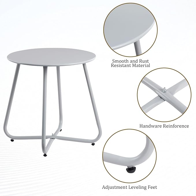 HollyHOME Round Metal Side Table, Rust-Resistant Patio Small Plant Stand, Outdoor 17.32'' Portable End Table for Balconies, Gardens, Living Rooms and Bedrooms, Grey