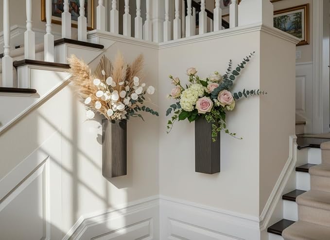 2 Pieces Wooden Wall Hanging Plant Pots Vase Contains Artificial Green Plants for Indoor Fake Plants Greenery Flowers, Modern Planters for Bathroom, Living Room, Kitchen Decor, (Brown)