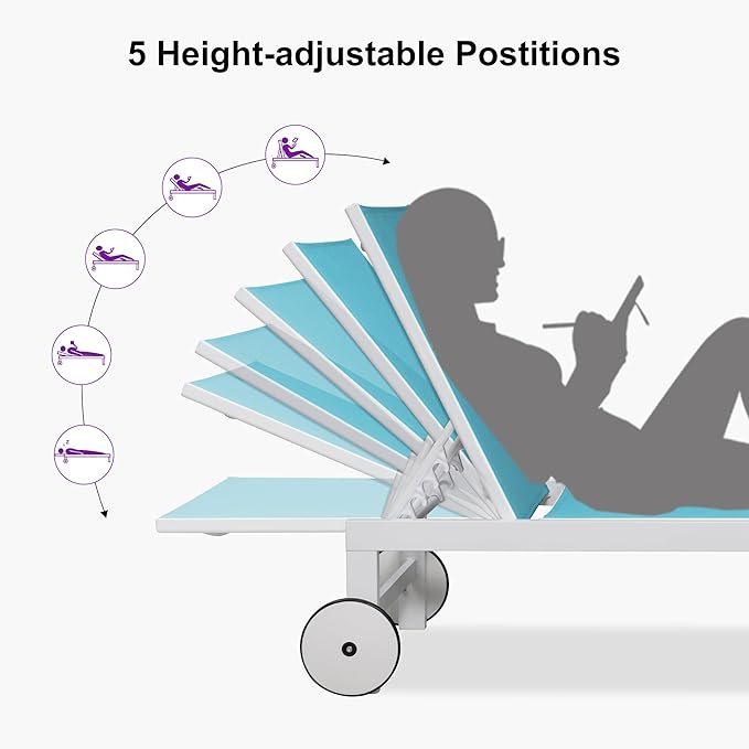 PURPLE LEAF Outdoor Chaise Lounge Set of 4 White Aluminum Lounge Chair Outdoor with Wheels Five-Position Adjustable Patio Lounge Chair for Pool Deck Yard, Turquoise