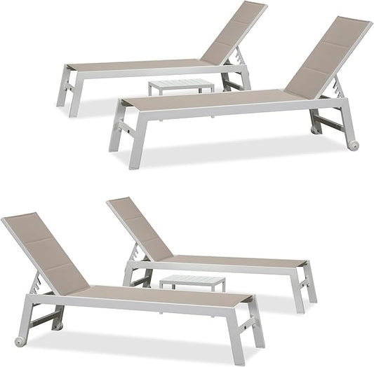 PURPLE LEAF Outdoor Chaise Lounge Set Oversize Adjustable Sunbathing Recliner Extra Wide Lounge Chairs with Side Table for Poolside Beach Outside Patio Aluminum Chaise Lounger Khaki 2 Sets