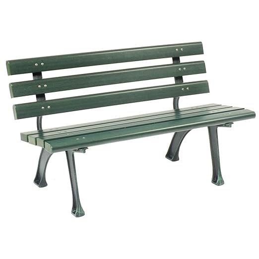 Global Industrial 4'L Outdoor Park Bench with Backrest, Recylced Plastic Slats, Wrought Iron Frame, 1100 lbs Capacity, Green, Surface Mount, Easy Assembly