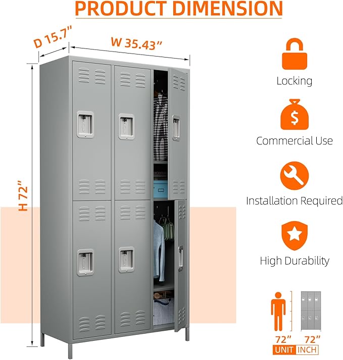 METAN Metal Locker for School Office Gym Bedroom,6 Doors Steel Storage Locker Cabinet for Employees,Industrial Storage Locker with 1 Shelves,Assembly Required (6 Door-Light Gray)