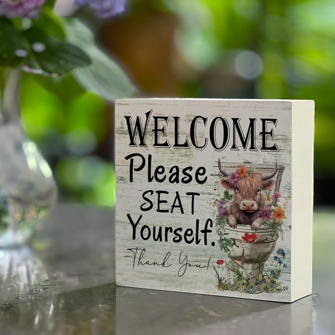 Funny Highland Cow Please Seat Yourself Bathroom Home Décor Sign Farmhouse Bathroom Signs Decor Rustic Wood Plaque Decor for Home Restroom Shelf