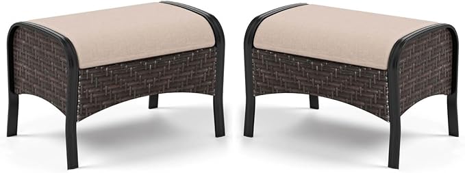 MFSTUDIO Outdoor Patio Furniture Set, 2 Piece Rattan Wicker Outdoor Ottoman, Metal Patio Ottoman for Garden Backyard