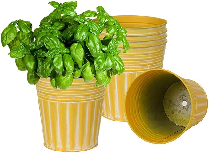 vensovo 6 Inch Yellow Metal Rustic Flower Pots - 6Pcs Galvanized Planters with Drainage Hole and Rubber Plug, Rustproof Metal Bucket Plant Pots Farmhouse Vintage Style for Decor