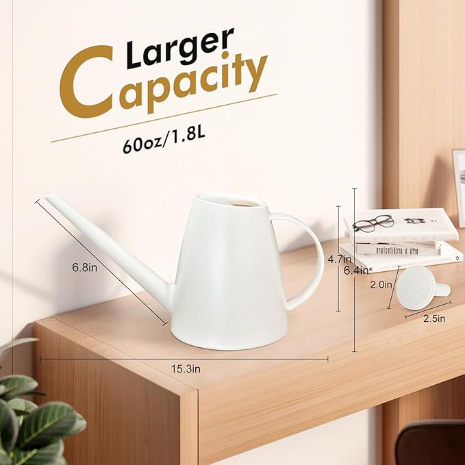 Watering Can for Indoor Outdoor Plants, Modern Small Watering Cans with Removable Nozzle, Long Spout Watering Can for Indoor Bonsai Plants Garden Flowers 1/2 Gallon 1.8L 60OZ (White)